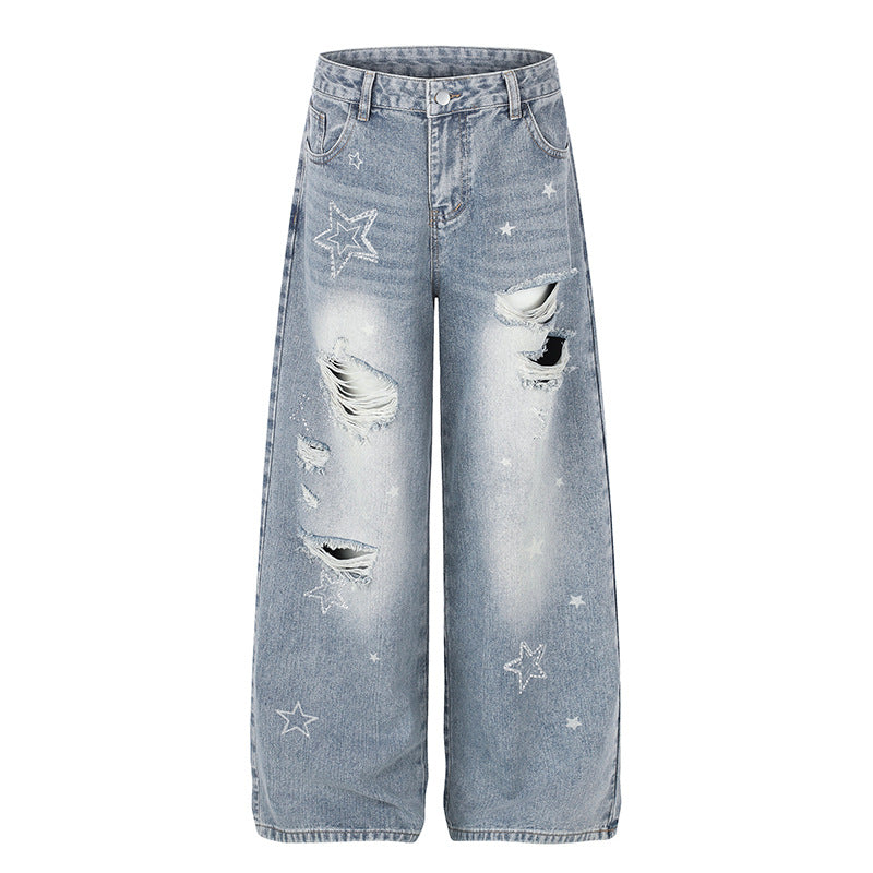 Damen Weite Distressed Palazzo-Jeans mit Stern-Stickerei Echoarchiv
