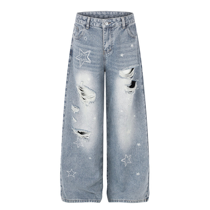 Damen Weite Distressed Palazzo-Jeans mit Stern-Stickerei Echoarchiv