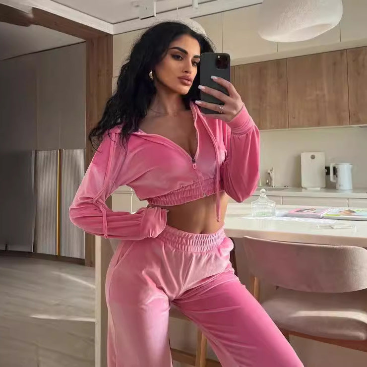 Damen nan kurzes Samt Trainingsset mit Reißverschluss Hoodie und weiter Bund Jogginghose Echo Archiv