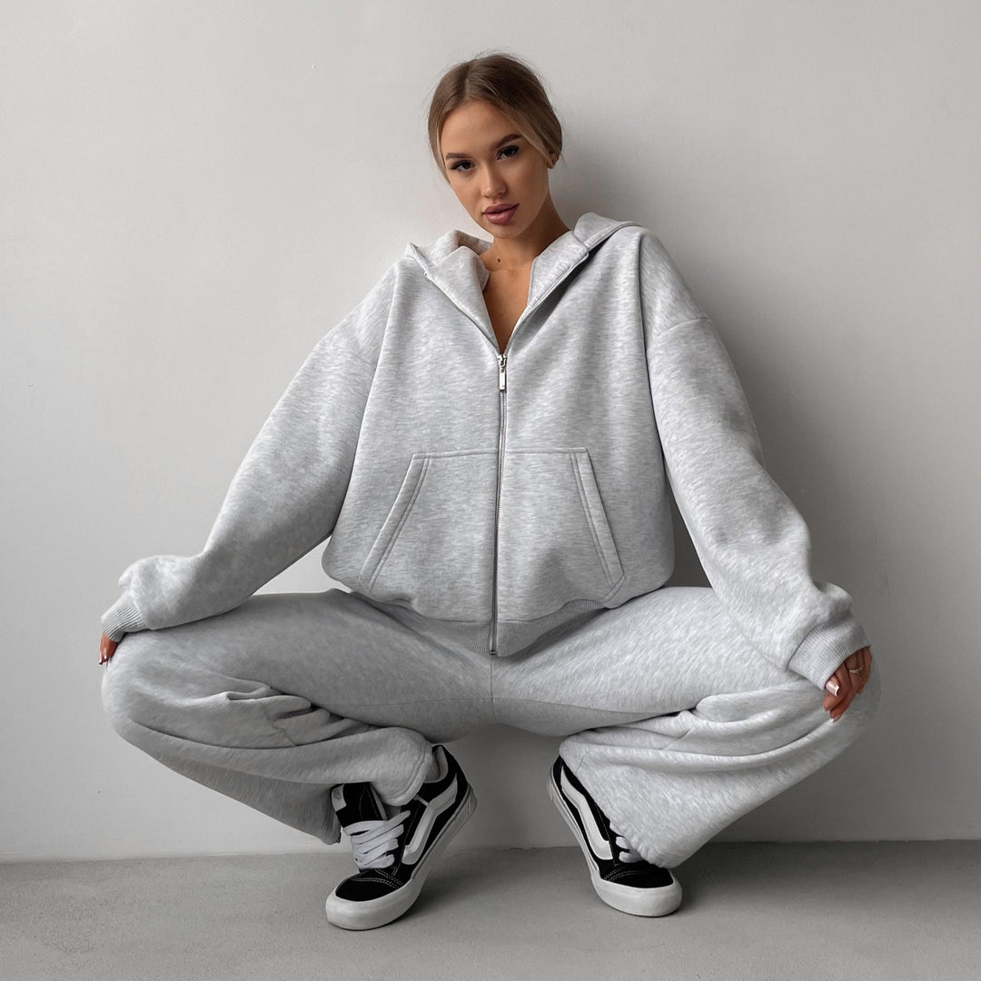 Damen Baumwoll-Fleece Lounge-Set mit Oversize-Zip-Hoodie und Palazzo-Sweatpants – Auréline