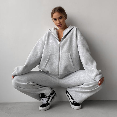 Damen Baumwoll-Fleece Lounge-Set mit Oversize-Zip-Hoodie und Palazzo-Sweatpants – Auréline