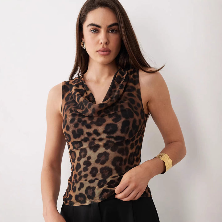 Damen Cowl-Neck Top mit Leopardenmuster und figurbetontem Schnitt Echo Archiv
