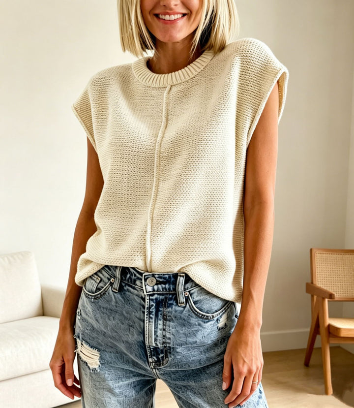 Damen Ärmellose Strickweste mit mittiger Naht und geripptem Kragen – Veloura