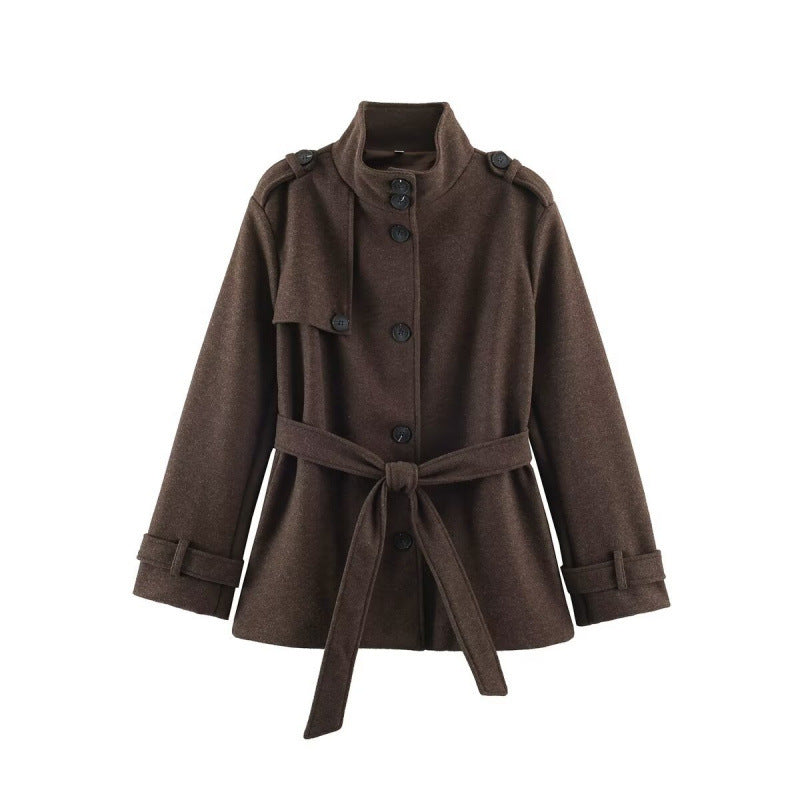 Damen kurze taillierte Manteljacke aus Wollmix mit Stehkragen, Schulterpatten und Bindegürtel Echo Archiv