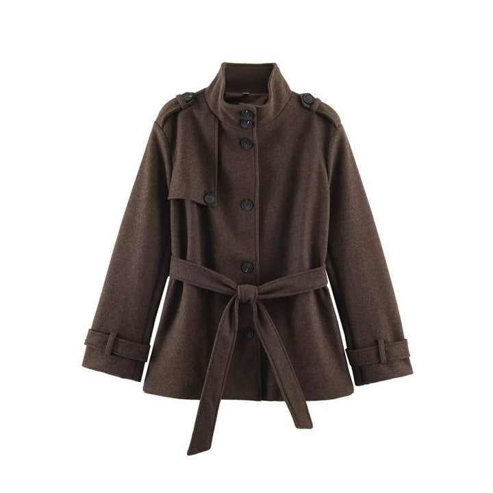 Damen kurze taillierte Manteljacke aus Wollmix mit Stehkragen, Schulterpatten und Bindegürtel Echo Archiv