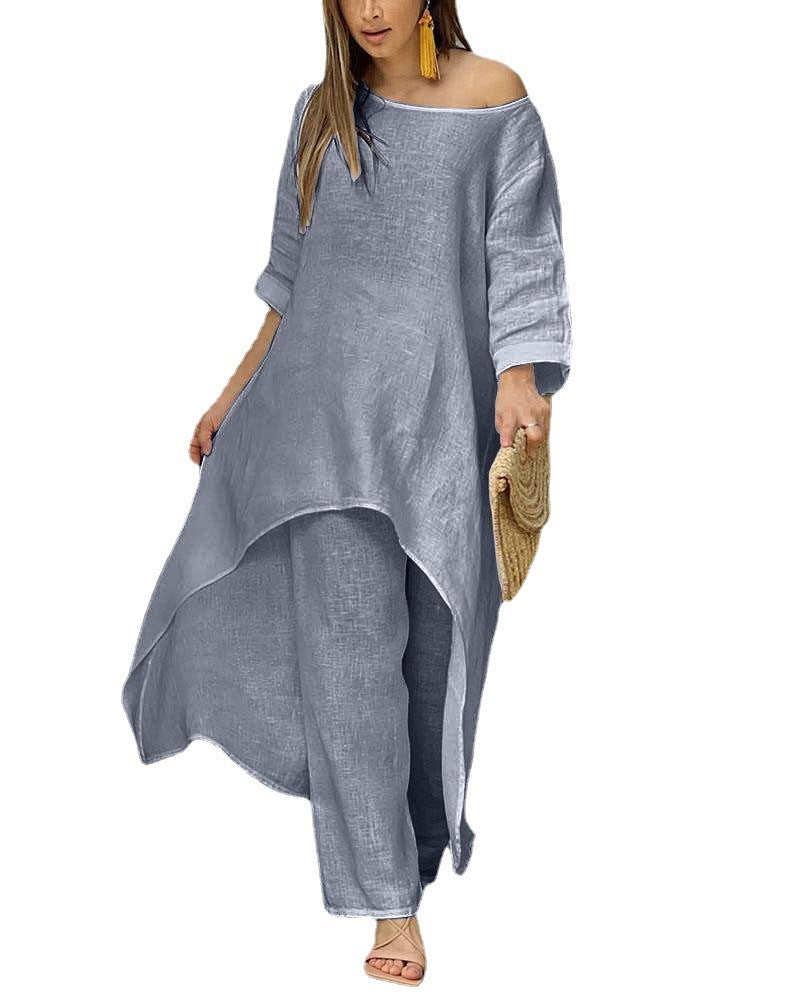 Damen Lässiges Leinenoptik-Zweiteiler mit asymmetrischer Long-Tunika und weitem Palazzo-Hose – Élanora