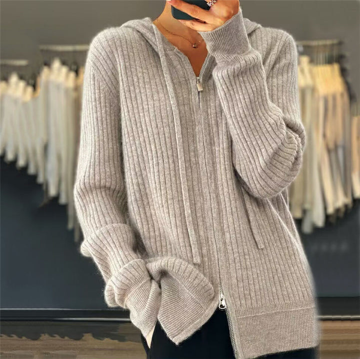 Damen nan oversized Rippstrick-Kapuzencardigan mit Zwei-Wege-Reißverschluss und Kaschmir-Blend Echo Archiv