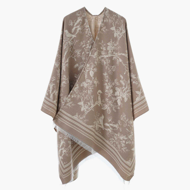 Damen Jacquard‑Poncho im Kimono‑Stil mit Vogel‑Blütenmuster – Avérine