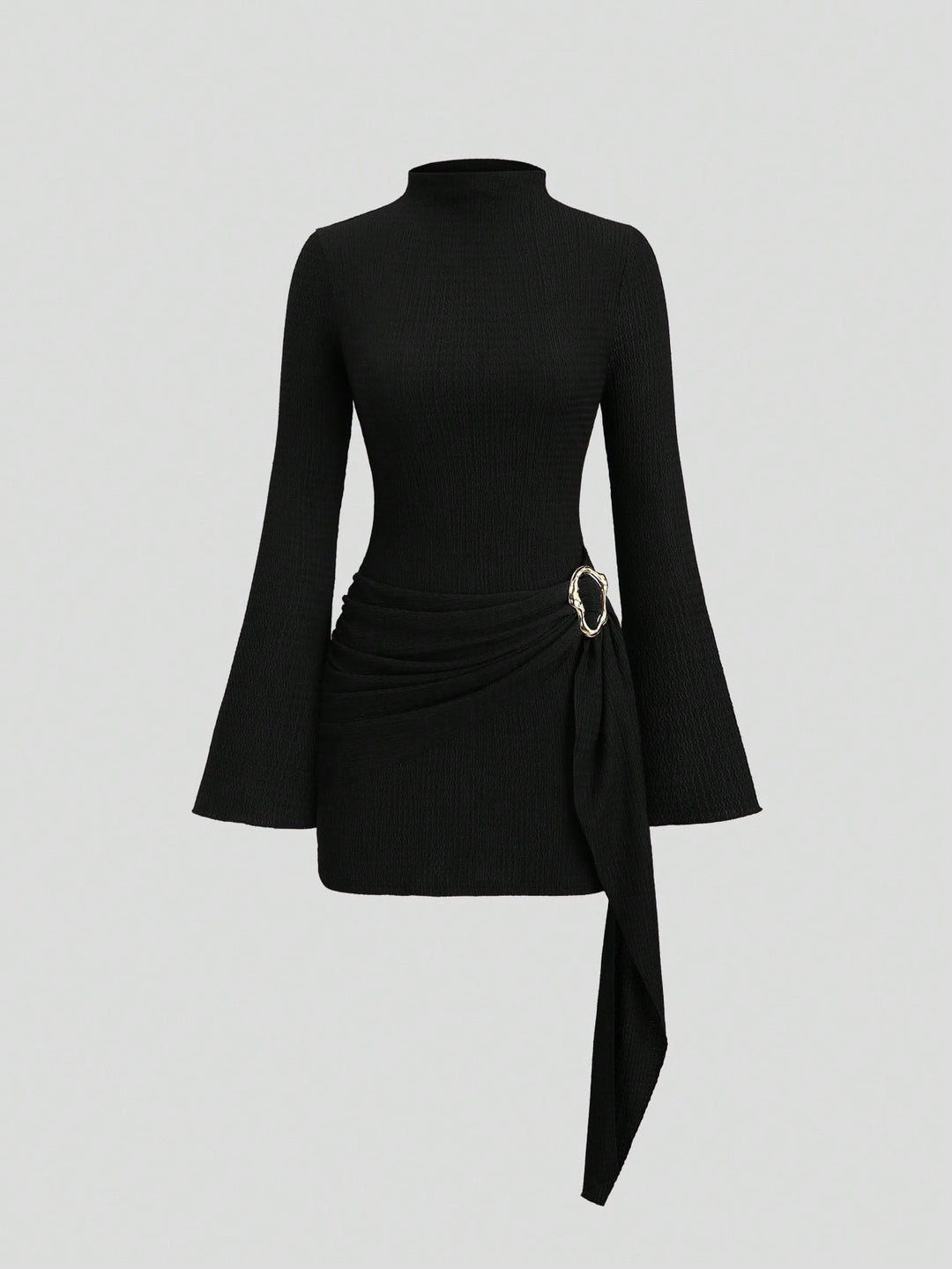 Damen nan figurbetontes Strick-Minikleid mit Stehkragen, Trompetenärmeln und seitlichem Drapé mit Zierring Echo Archiv