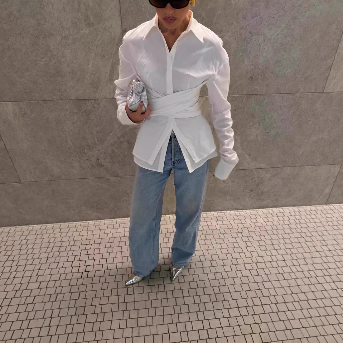 Damen Wickeloptik-Hemdbluse mit drapiertem Tailleneinsatz Echoarchiv