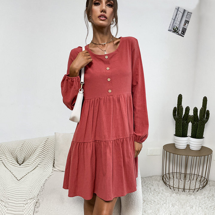 Damen Lockeres Cord-Volantkleid mit Stufenrock & Zierknopfleiste – Valéora
