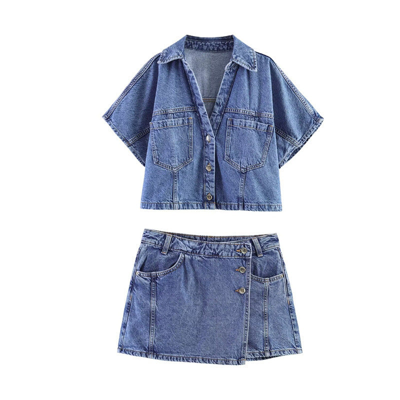 Damen Denim-Minirock im asymmetrischen Schnitt mit dekorativen Knöpfen Echo Archiv