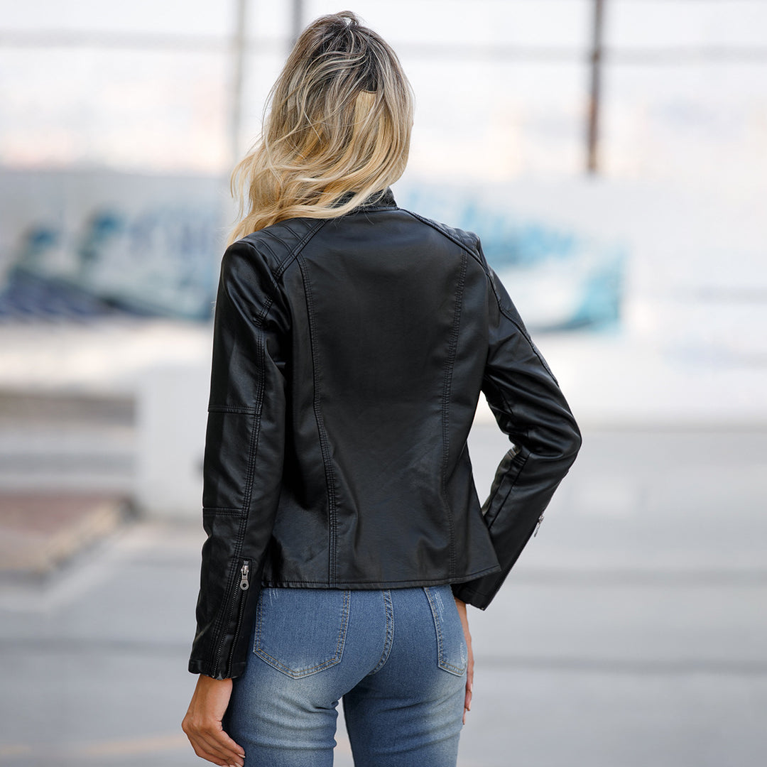 Damen nan taillierte Kunstleder Bikerjacke mit Stehkragen Echo Archiv