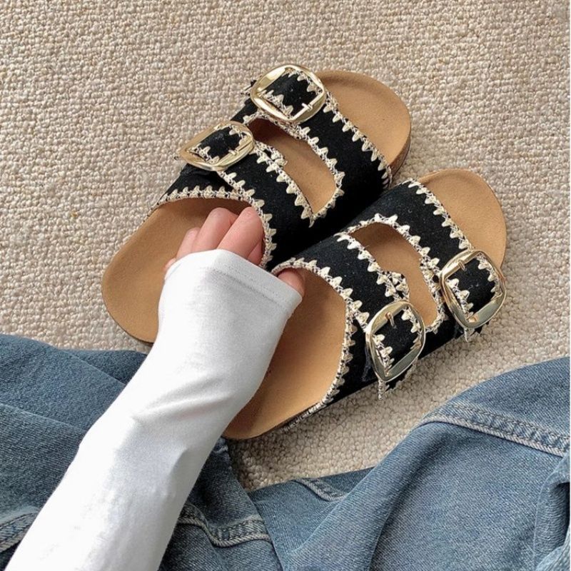 Damen Comfort-Sandalen mit zweifachen verstellbaren Riemen, gepolstertem anatomischem Fußbett und goldener Metallschnalle Echo Archiv