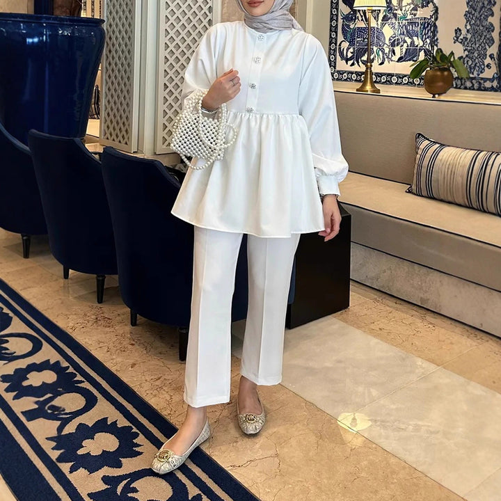 Damen Elegantes Tunika‑Hosen‑Set mit geraffter Empire‑Tunika und schlanker Anzughose Echoarchiv