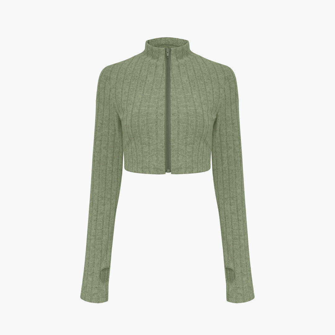 Damen Gerippter Strick-Zweiteiler mit Cropped Reißverschluss-Cardigan und High‑Waist Schlaghose – Élanora