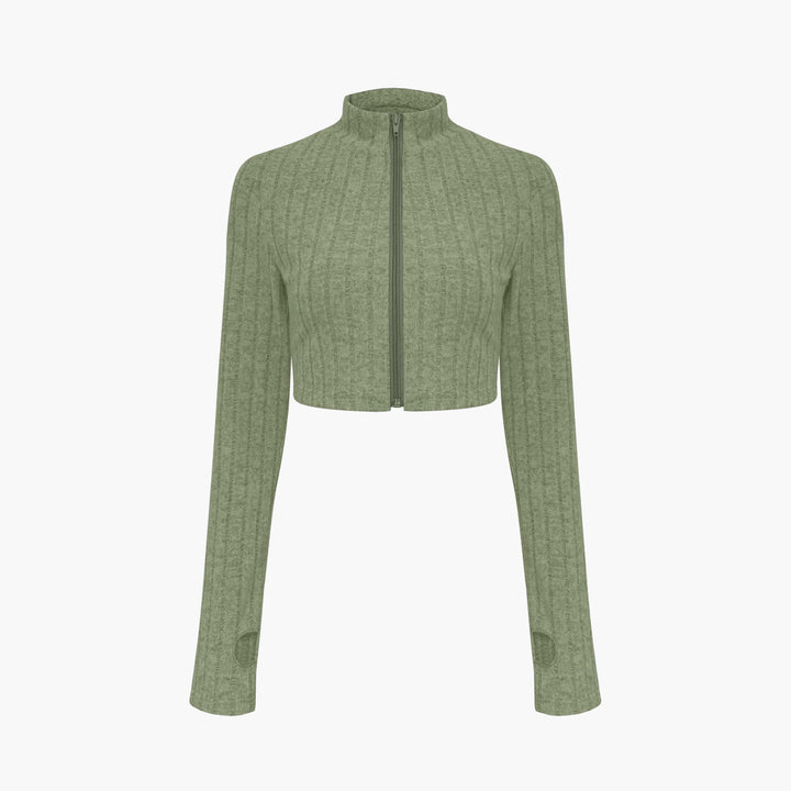 Damen Gerippter Strick-Zweiteiler mit Cropped Reißverschluss-Cardigan und High‑Waist Schlaghose – Élanora