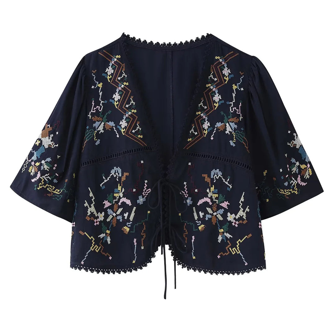 Damen nan bestickte Kimono-Jacke mit Bindeband, Häkelkante und ellenbogenlangen Ärmeln Echo Archiv