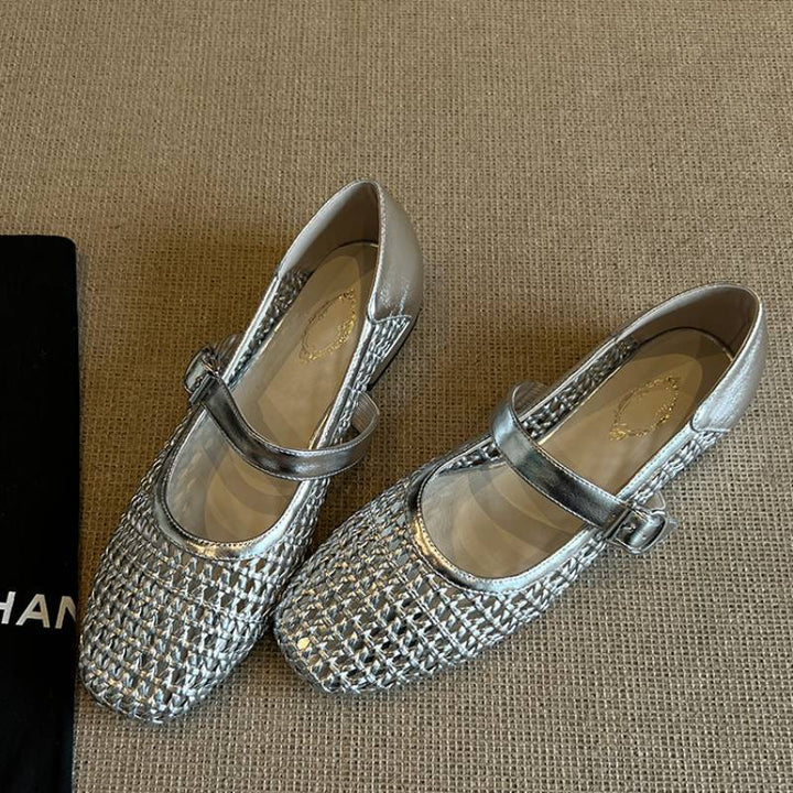 Damen geschlossene Ballerinas mit festem Riemen und geflochtenem Obermaterial Echoarchiv