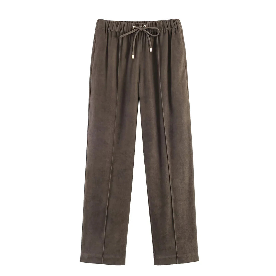 Damen nan gerade geschnittene Velourslederimitat-Hose mit Elastikbund und Kordel Echo Archiv