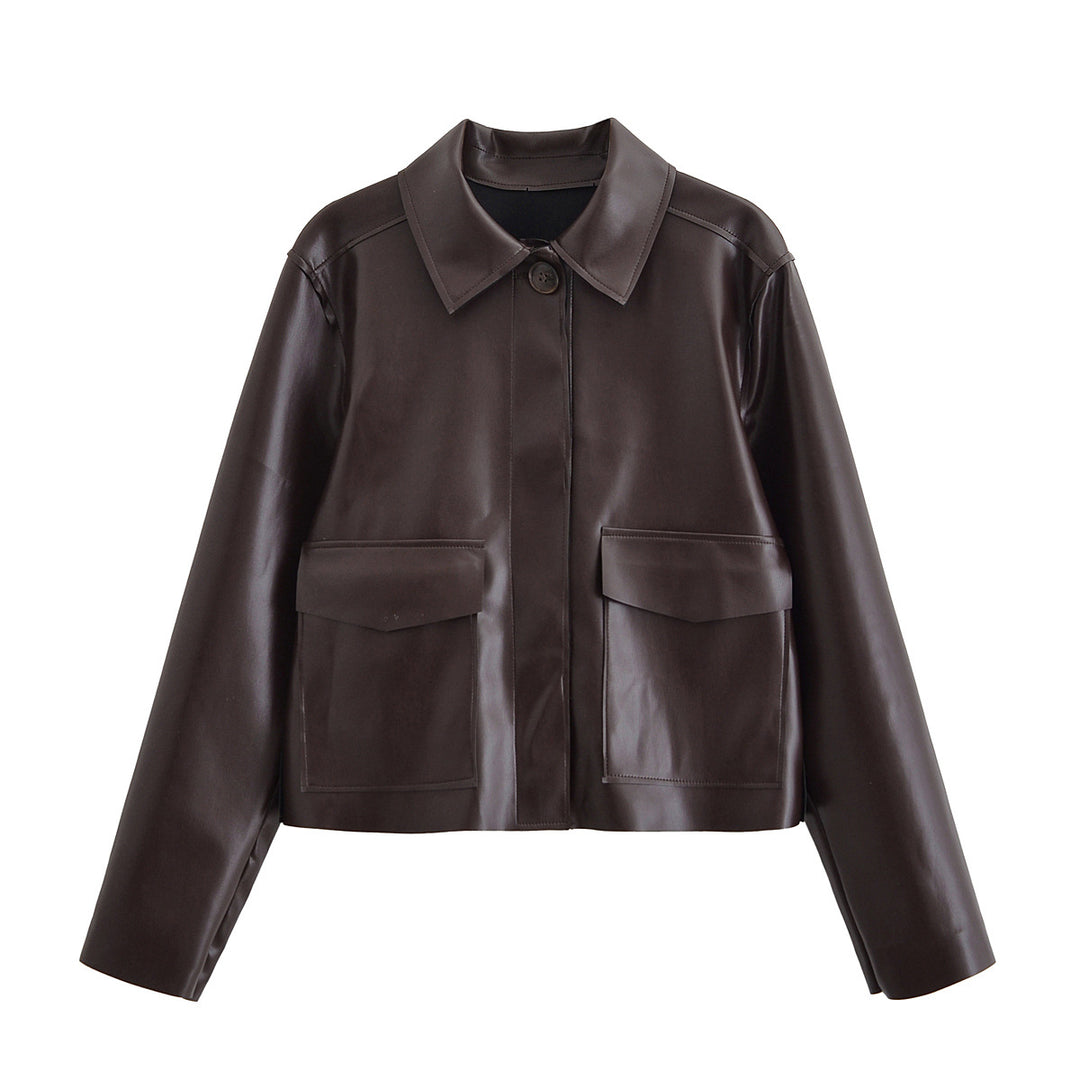 Damen Kurze Boxy-Lederoptikjacke mit Pattentaschen und Hemdkragen Echo Archiv