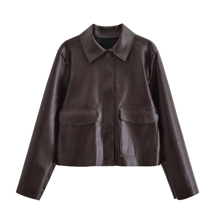 Damen Kurze Boxy-Lederoptikjacke mit Pattentaschen und Hemdkragen Echo Archiv