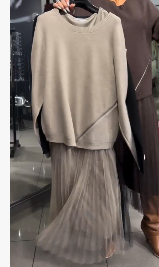 Damen Oversize Feinstrickpullover mit Seitenschlitzen, diagonalem Naht und schichtartigem Look Echoarchiv
