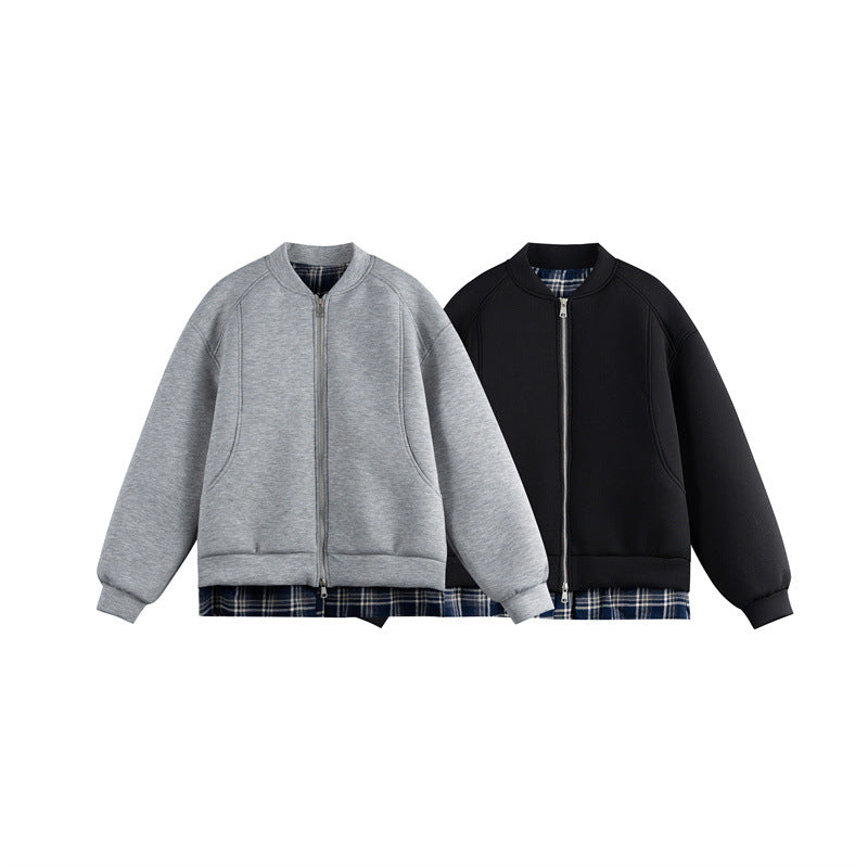 Damen Zwei‑in‑Eins Bomber‑Sweatjacke mit Karo‑Layer‑Einsatz und Stehkragen Echoarchiv