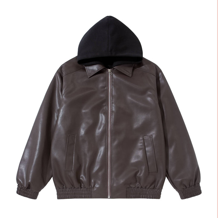 Herren Boxy-Lederblouson mit angenähter Jersey-Kapuze und geripptem Saum Echoarchiv
