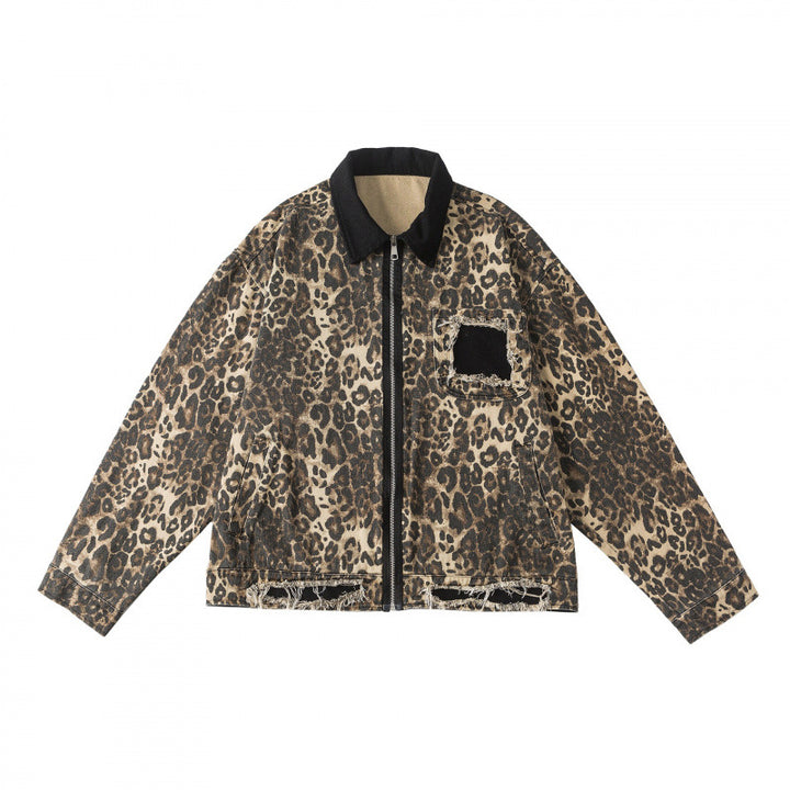 Unisex Kastenförmige Jeansjacke im Leopardenmuster mit Cordkragen, Reißverschluss und Fransenbesatz Echo Archiv