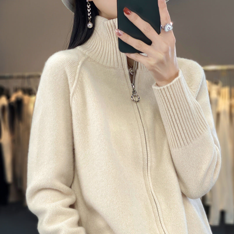 Damen Zip-Cardigan im Kaschmir‑Look mit Stehkragen und gerippten Bündchen Echoarchiv