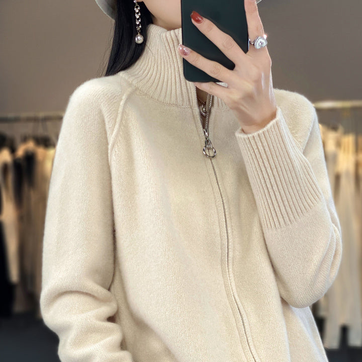 Damen Zip-Cardigan im Kaschmir‑Look mit Stehkragen und gerippten Bündchen Echoarchiv