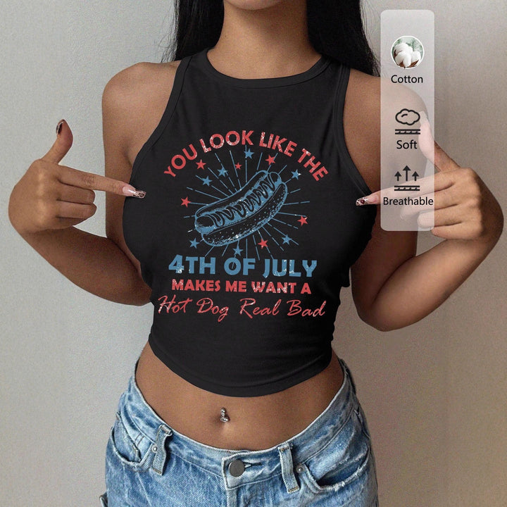 Damen Cropped Tanktop mit kreativem Schriftzug und lebhaftem Design Echo Archiv