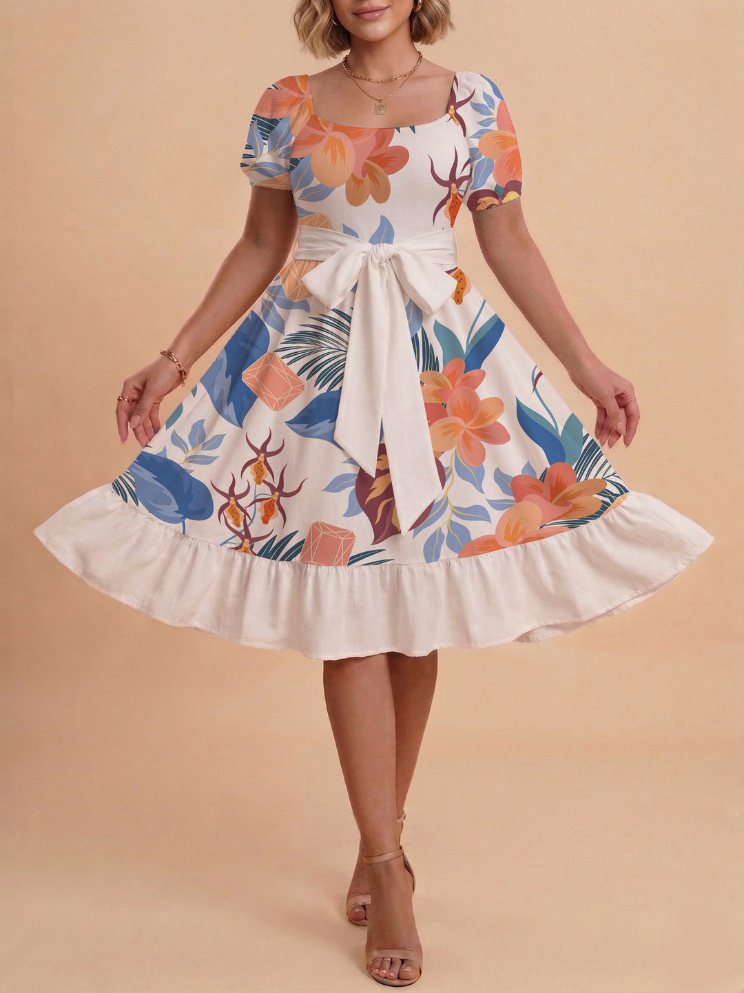 Damen A-Linien-Kleid mit floralen Motiven und taillierbarem Gürtel Echo Archiv