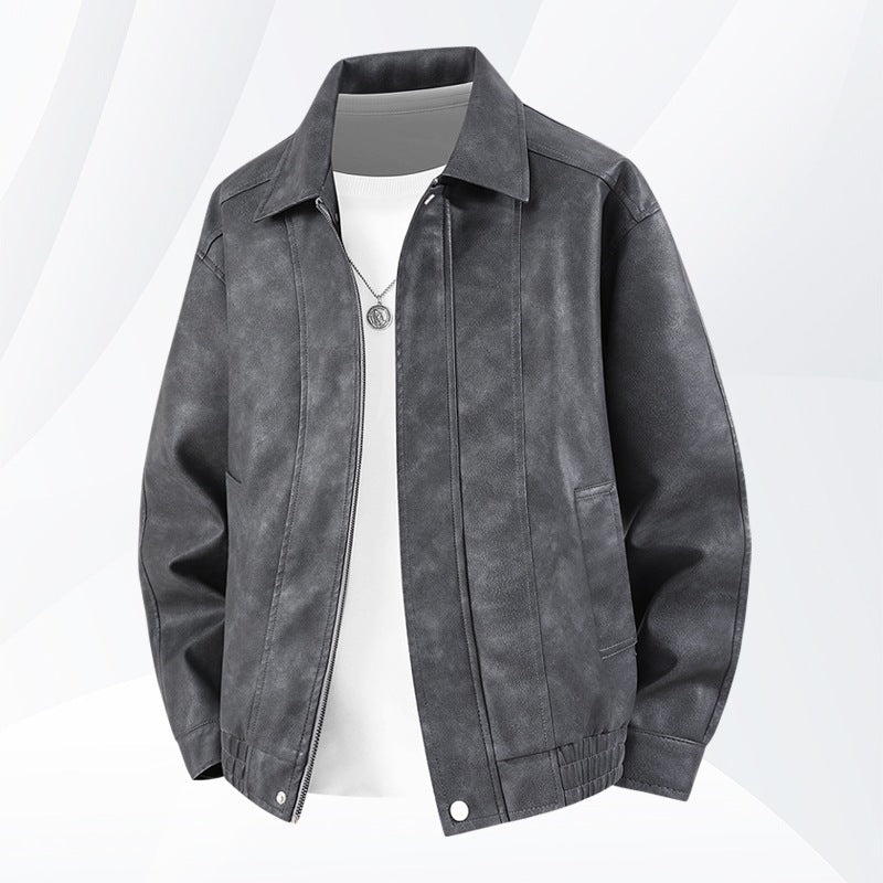 Herren Kurz geschnittene Kunstlederjacke im Vintage‑Look mit Hemdkragen & durchgehendem Reißverschluss Echoarchiv