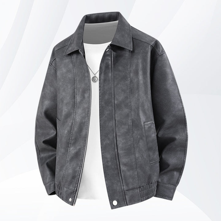 Herren Kurz geschnittene Kunstlederjacke im Vintage‑Look mit Hemdkragen & durchgehendem Reißverschluss Echoarchiv