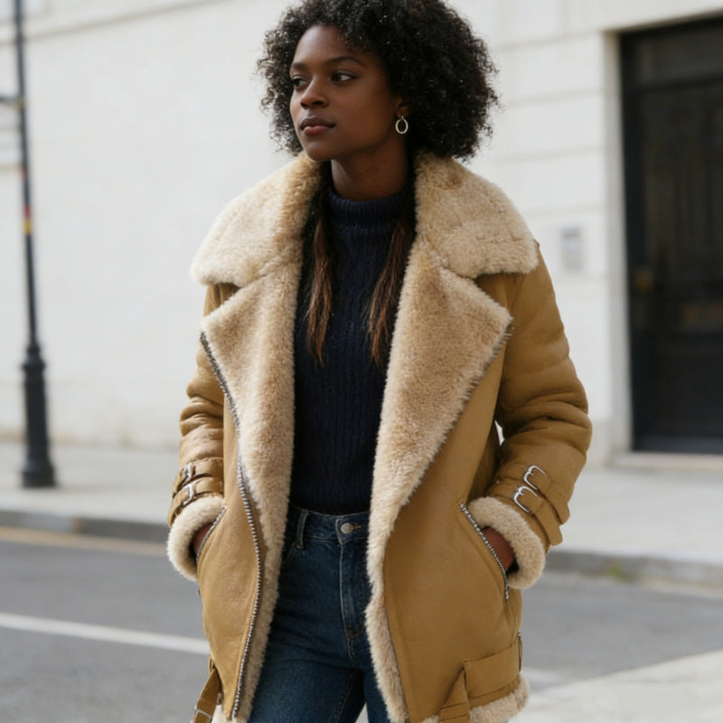Damen nan flauschige Bikerjacke mit Teddyfutter und Schnallenbesatz Echo Archiv