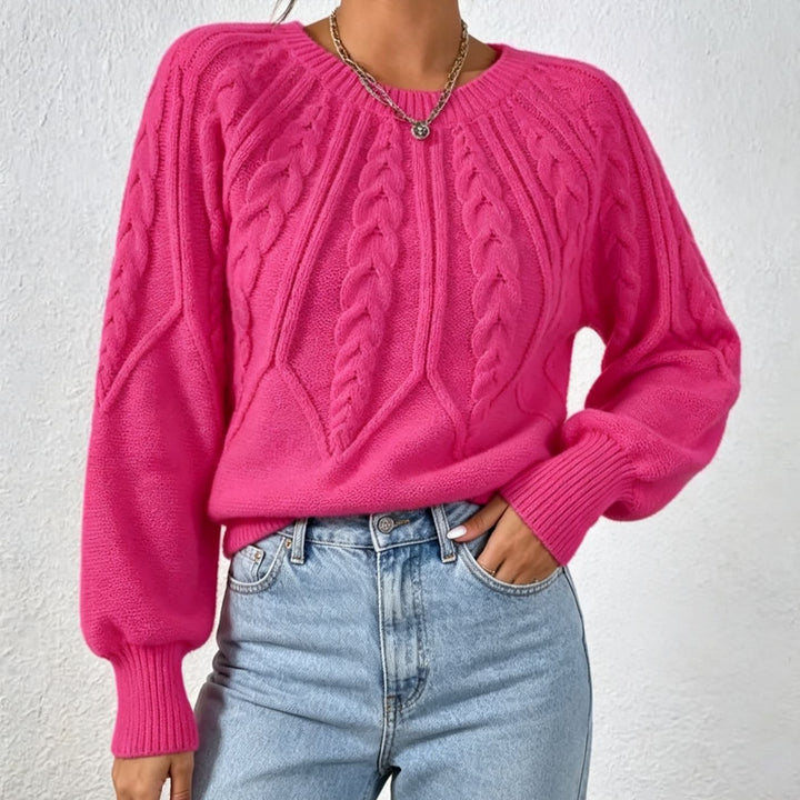 Damen kurzgeschnitteter Grobstrick-Zopfpullover mit Ballonärmeln – Mavelle