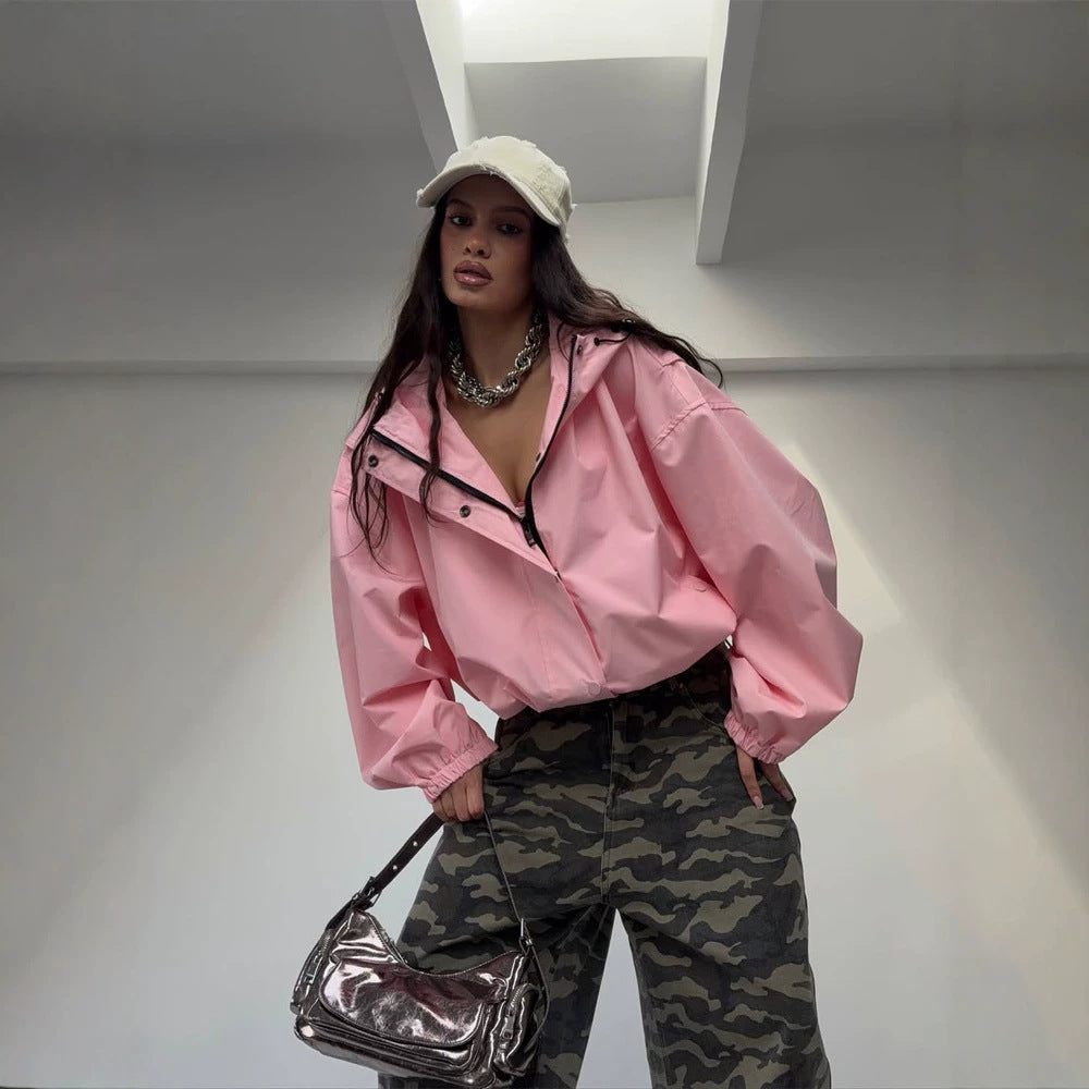 Damen Oversize Windbreaker Jacke mit Kapuze und kurzem Cropped‑Schnitt Echoarchiv