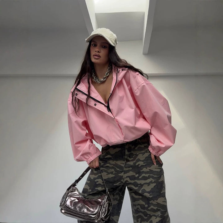 Damen Oversize Windbreaker Jacke mit Kapuze und kurzem Cropped‑Schnitt Echoarchiv
