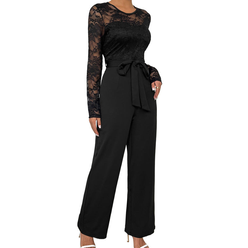 Damen Spitzen-Einteiler mit Taillengürtel und weitem Bein – Solévia