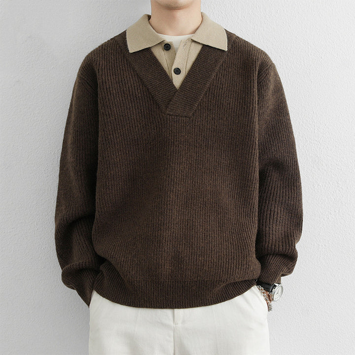 Herren Modischer V-Ausschnitt Pullover mit strukturierten Rippdetails Echoarchiv