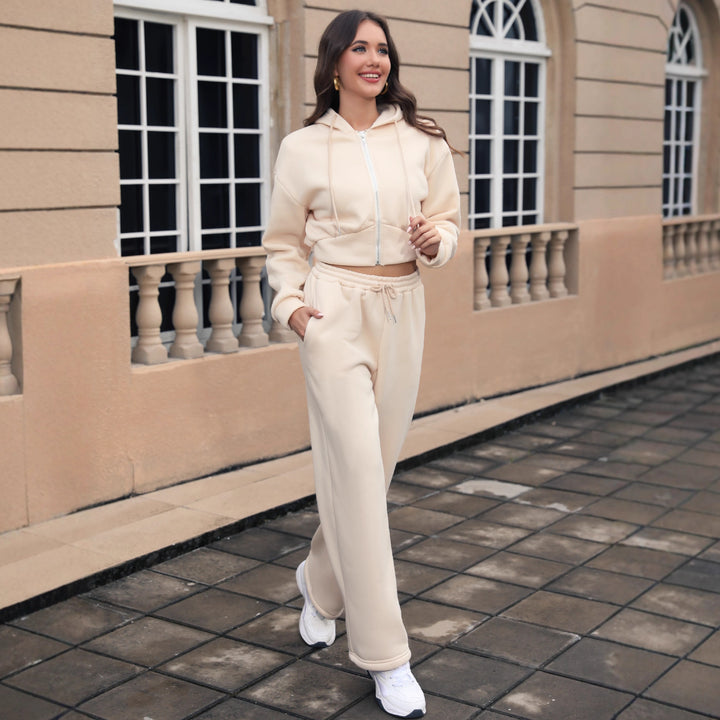Damen Cropped Kapuzen-Sweatjacke und High-Waist Jogginghose Set Echoarchiv