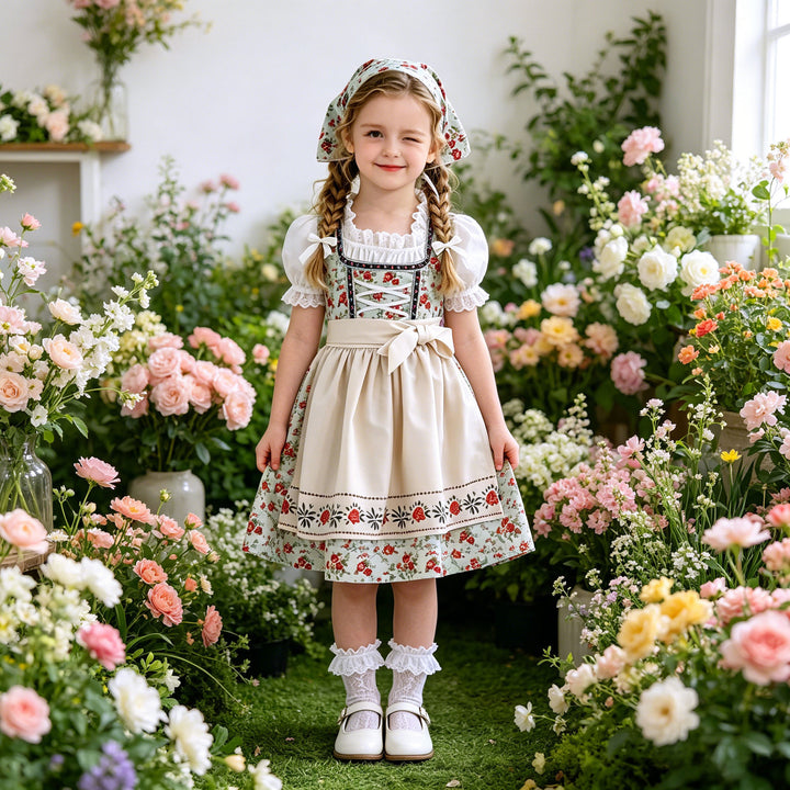 Damen nan traditionelles Kinderdirndl-Set mit Schnürkorsett, Puffärmeln und Kopftuch Echo Archiv