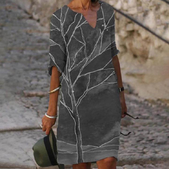 Damen nan lässiges Leinenkleid mit V-Ausschnitt und floralem Allovermuster, knielang mit dreiviertelärmeln Echo Archiv