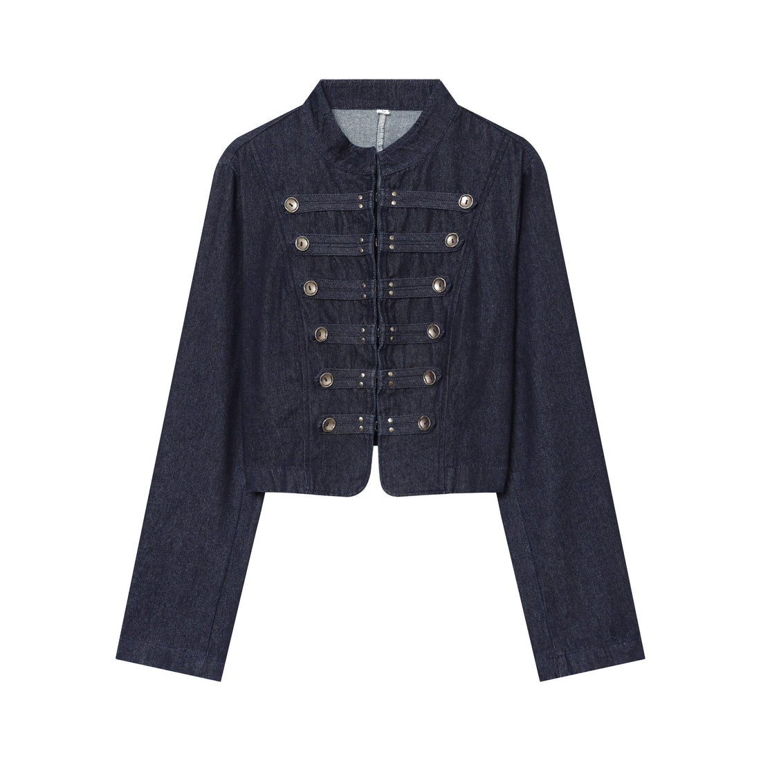 Damen Cropped Denim‑Militärjacke mit Stehkragen und dekorischer Zierknopfleiste Echoarchiv