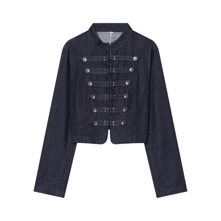 Damen Cropped Denim‑Militärjacke mit Stehkragen und dekorischer Zierknopfleiste Echoarchiv