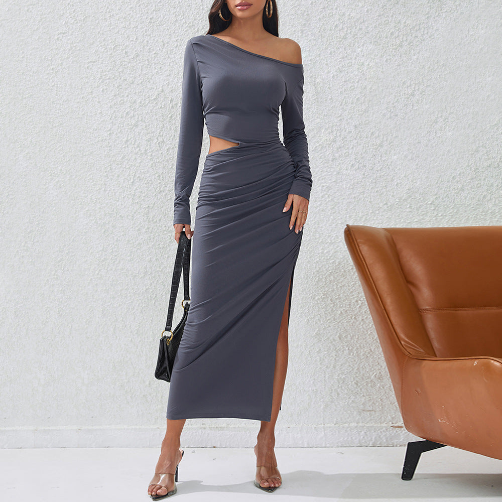 Damen eng anliegendes Maxikleid mit langem Arm seitlichem Cut-Out geraffter Hüfte und hohem Beinschlitz – Valéora