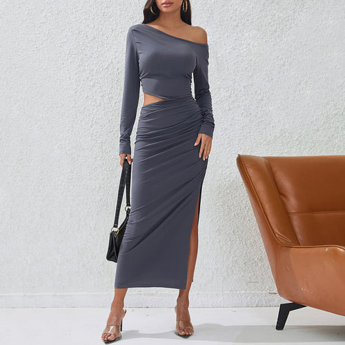 Damen eng anliegendes Maxikleid mit langem Arm seitlichem Cut-Out geraffter Hüfte und hohem Beinschlitz – Valéora