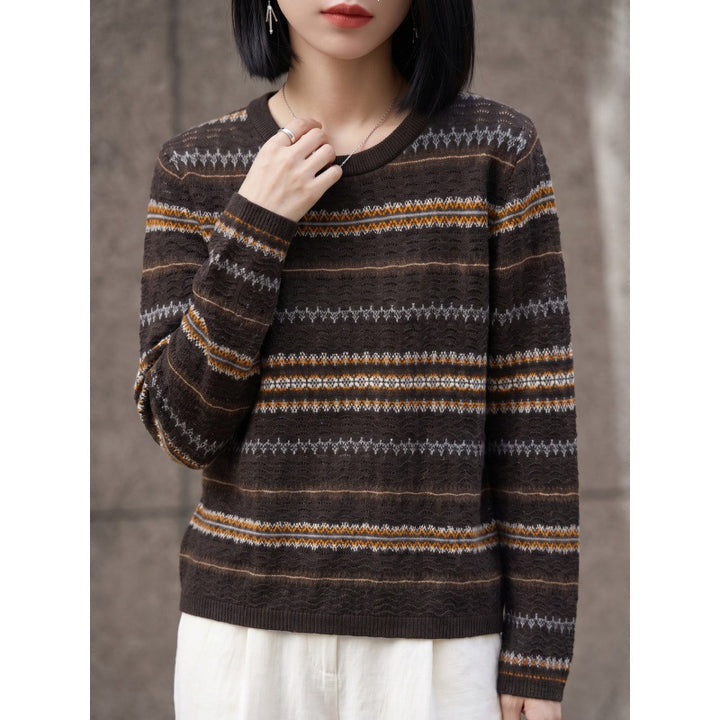 Damen Leichter Rundhals-Pullover im Norwegerstreifen-Design mit strukturierter Ajouroptik Echoarchiv